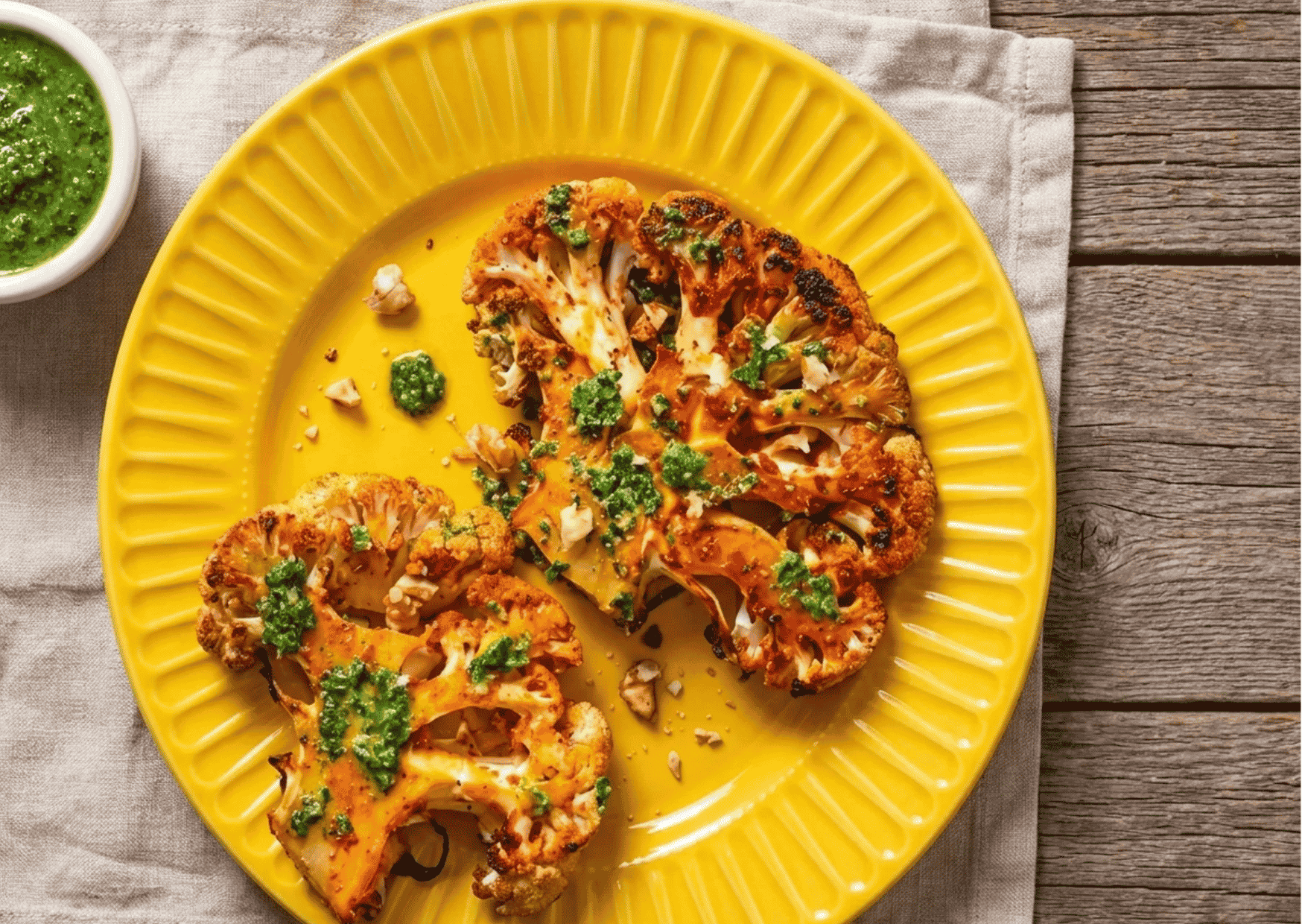 Golden Turmeric Cauliflower Steaks with Sun-Dried Tomato Pesto