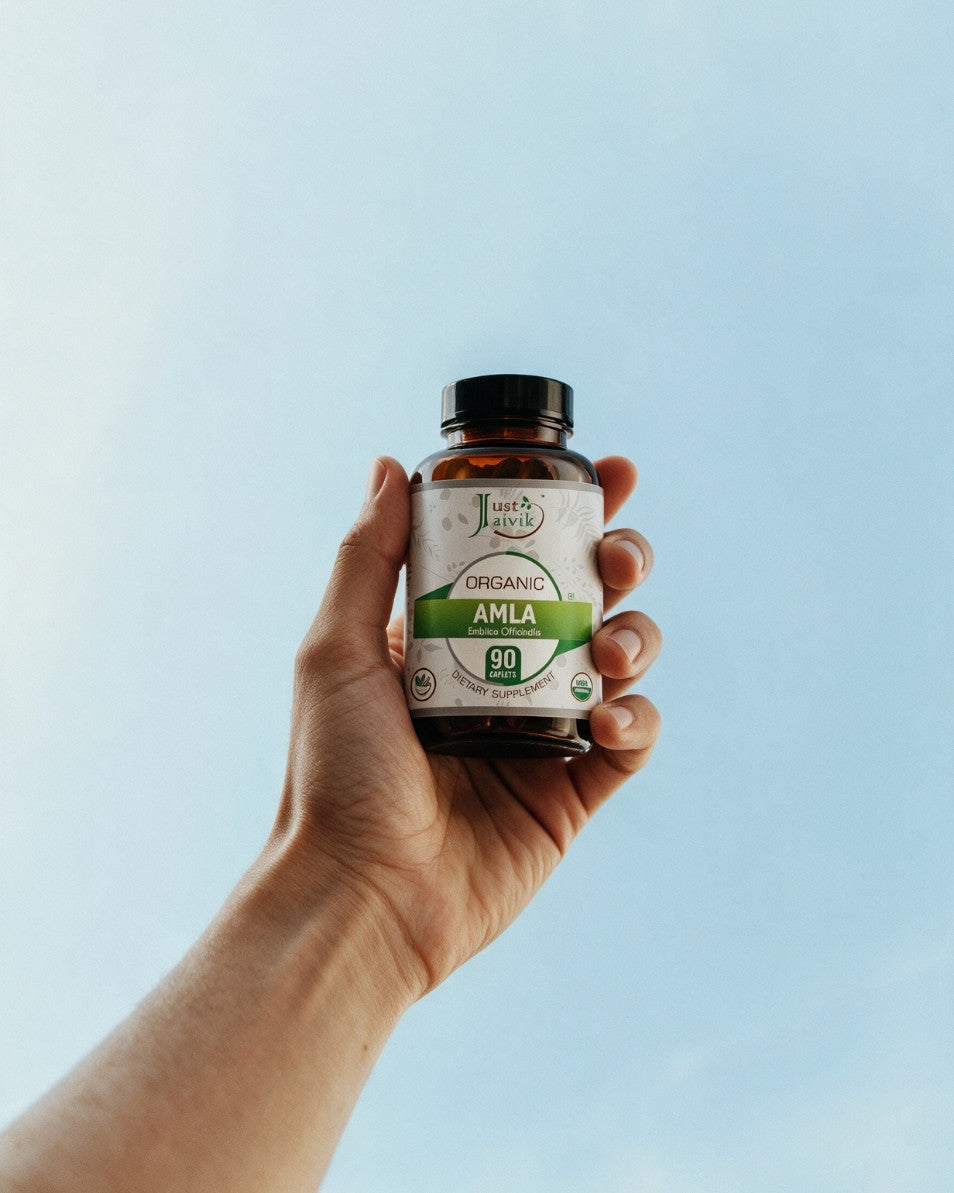 A hand holding a bottle Organic Amla 90 Capsules against a clear blue sky background.
