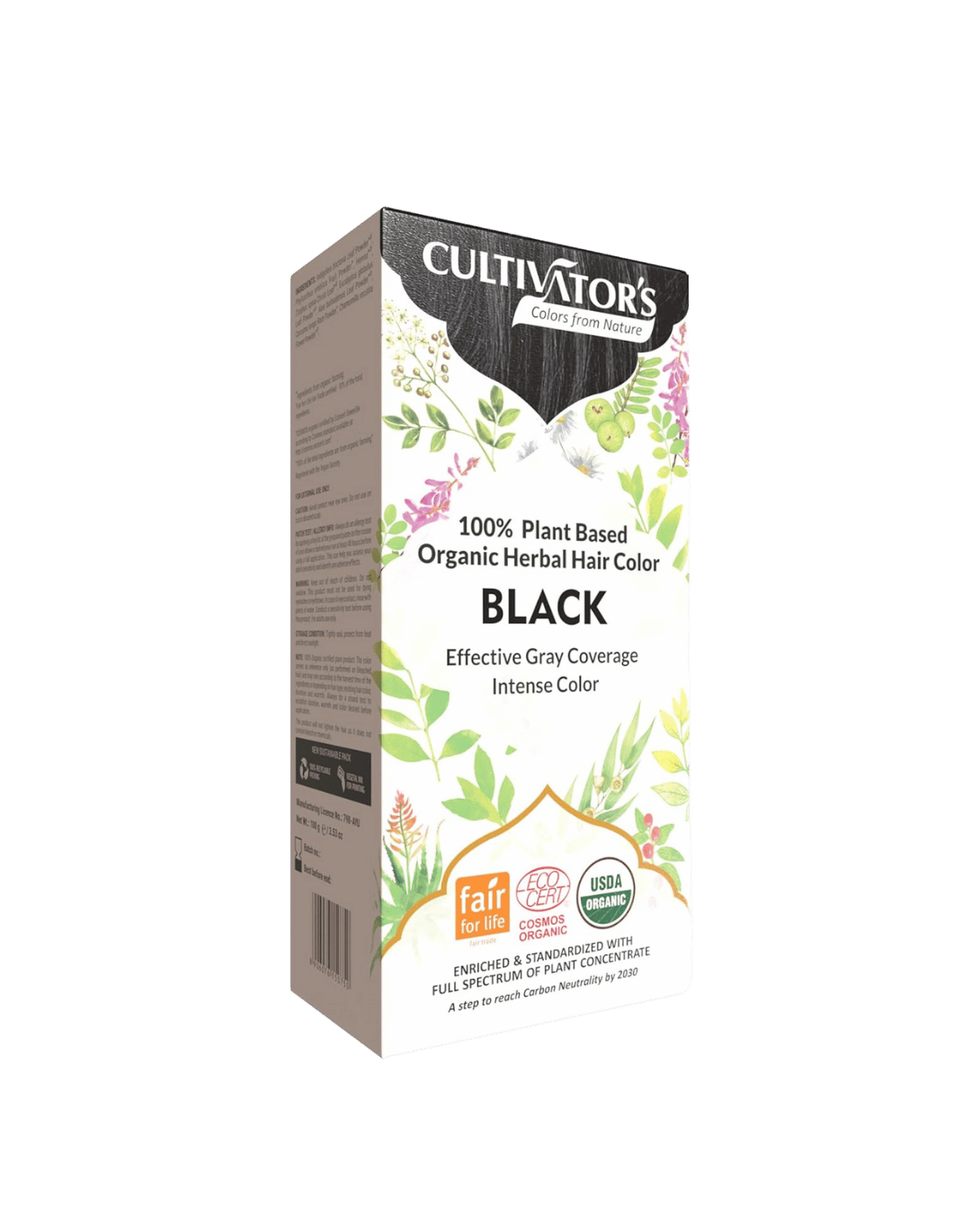 Box of Cultivator's Organic Herbal Hair Colour in black, highlighting its 100% plant-based and organic ingredients.